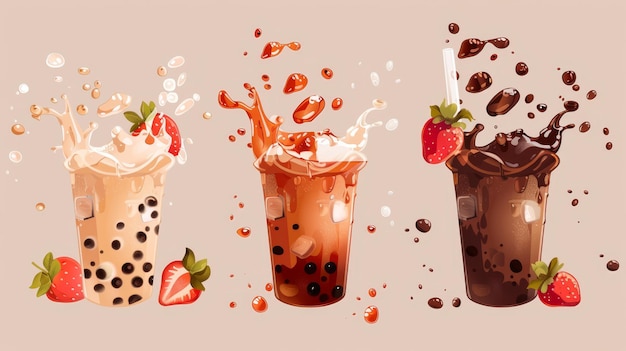 Photo isolated icon of a milk tea bubble ice cup drink pearl boba smoothie illustration with sprinkles sugar and straw popular thai cocktail with strawberries and chocolate