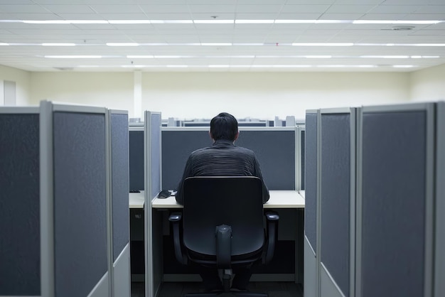 Photo isolation in the workplace a solitary figure amidst an expansive sea of cubicles as silence reigns in a modern office space