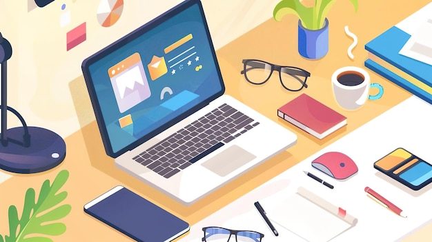 Photo isometric illustration of a desk with a laptop coffee cup books glasses and other office supplies