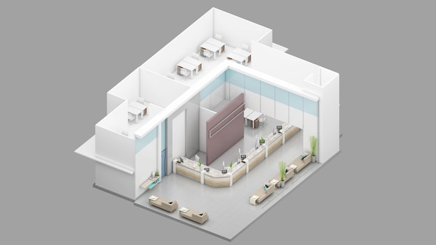 Isometric view of a office space and meeting roomwork area 3d rendering