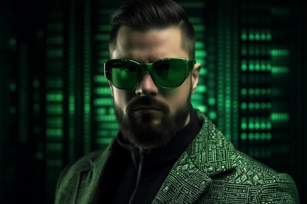 IT specialist with smart glasses and cyberspace green matrix generative ai