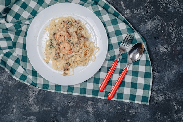 Italian pasta with seafood and king prawns, spaghetti with sauce