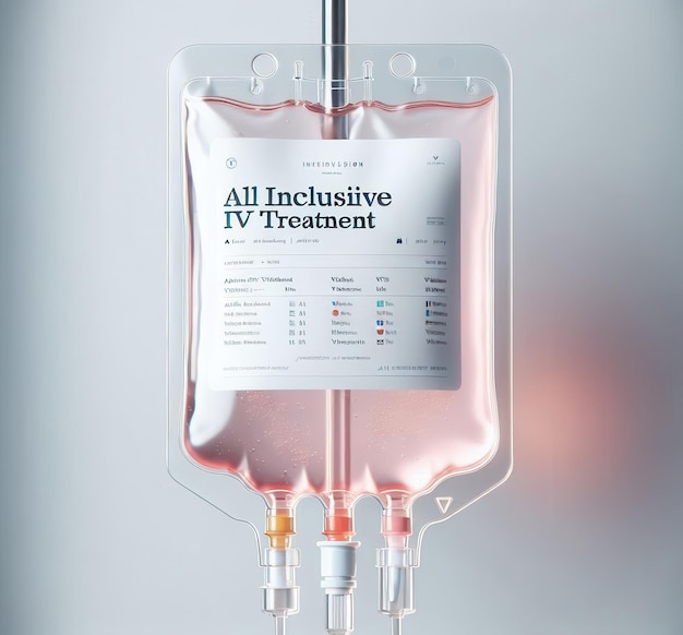 An IV bag filled with a pink liquid and labeled AllInclusive IV Treatment Concept Intravenous therapy vitamin infusion modern medical treatment