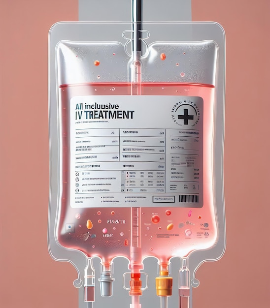 Photo an iv bag with pink liquid multiple ports and a label detailing an allinclusive iv treatment concept customized medical treatment personalized healthcare vitamin cocktails