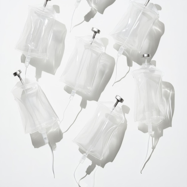 Photo iv bags overhead sterile medical supplies on white background