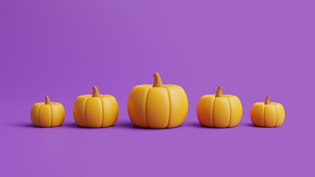 Jack o Lantern pumpkins lined up on purple background Happy Halloween concept 3d render illustration