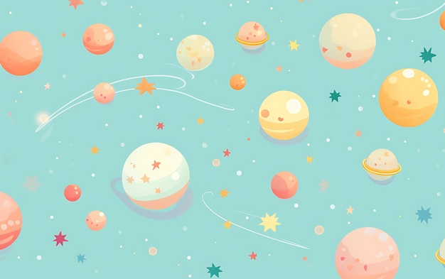 Japanese cute planet repeated patterns anime art style with pastel colors