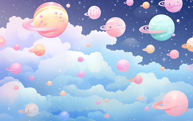 Japanese cute planet repeated patterns anime art style with pastel colors