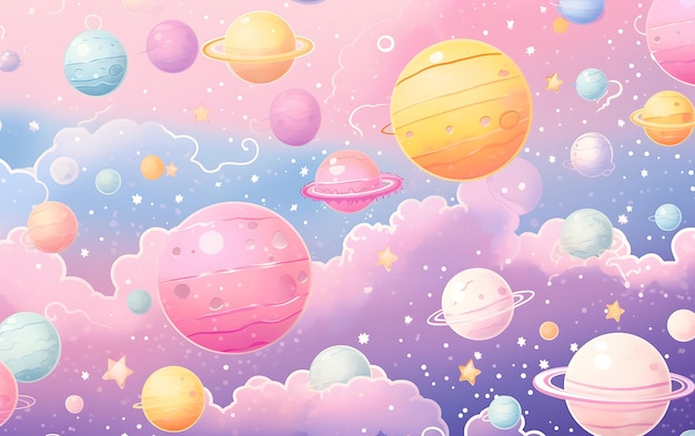 Japanese cute planet repeated patterns anime art style with pastel colors