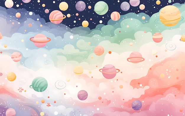 Japanese cute planet repeated patterns anime art style with pastel colors