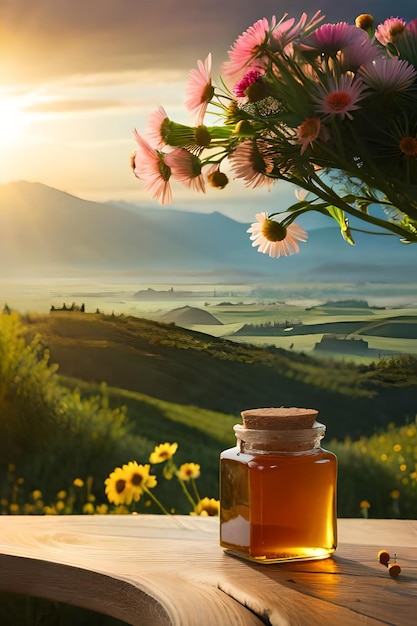 A jar of honey with a view of a mountain landscape in the background.