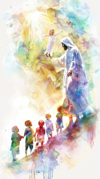 Jesus Blessing Children in Serene Watercolor Artwork