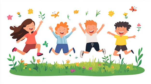 Joyful Cartoon Children Leaping on the Lawn