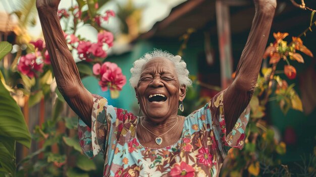 Joyful Celebration Elderly Woman Expressing Happiness with Hands Raised