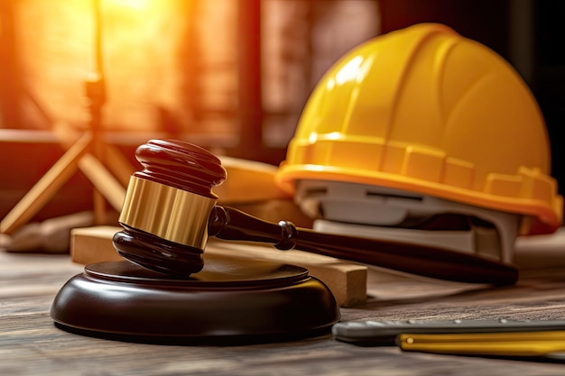 Photo judge gavelsafety helmet and working tools construction law