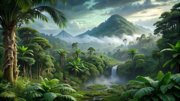 a jungle scene with a waterfall and mountains in the background