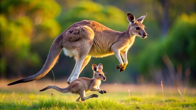 Photo kangaroo jumping with a joey in pouch