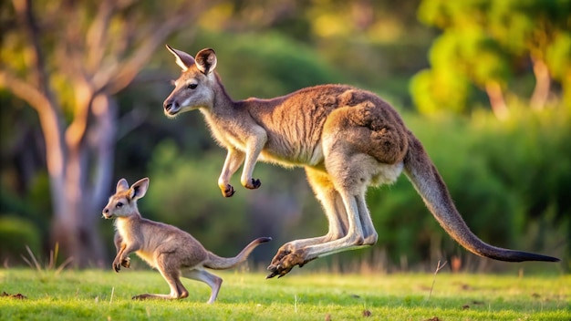 Photo kangaroo jumping with a joey in pouch