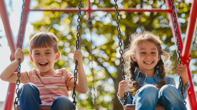 Kids Playing Swings and Climbing Frame Young Children Swinging at Park