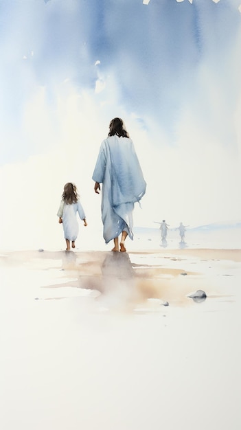 Foto kinderen als minimale aquarel schilderij van jezus christus die naar mij toe loopt koele tonen ar 916 v 52 job id 614fb77af214470aa226d5733efac6fc