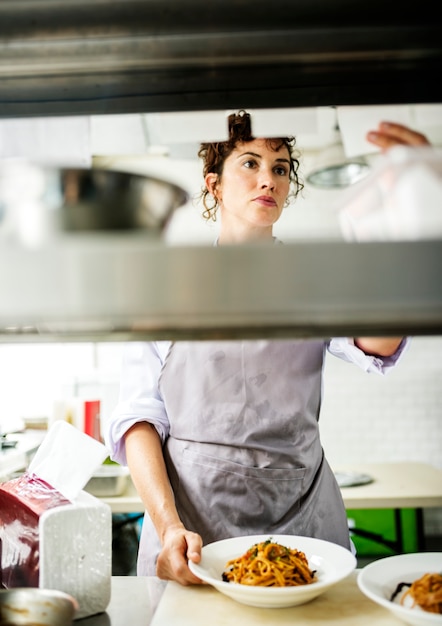 Kitchen staff reading food orders