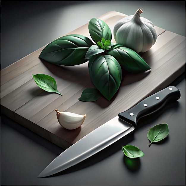 Photo a knife on a cutting board with a knife and some vegetables