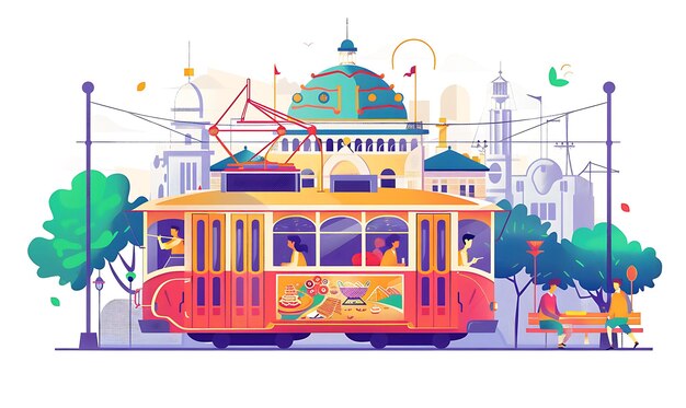 Photo kolkata with characters riding a tram through the city desig tshirt banner poster design concept