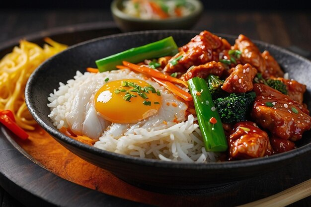 Foto koreaanse dak galbi spicy stirfry chicken rice bowl