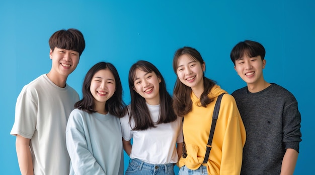 Photo korean young people early twenties standing close together against an isolated blue background