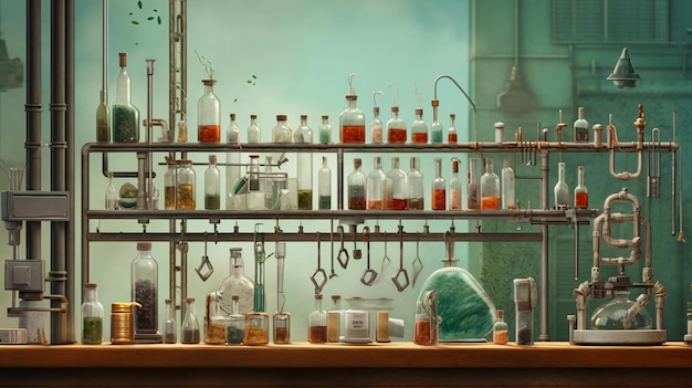 a lab with a microscope and a row of test tubes