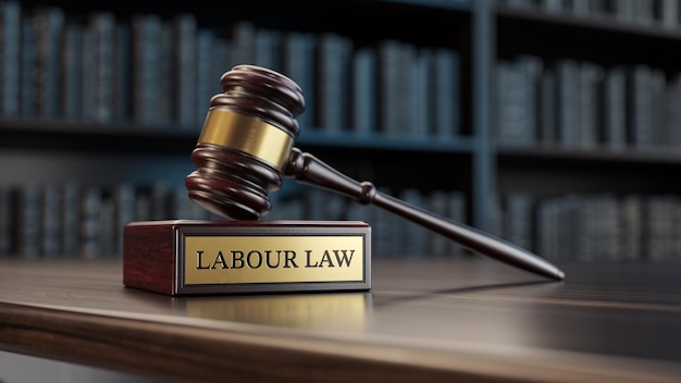 Photo labor law judges gavel as a symbol of legal system and wooden stand with text word on the background of books