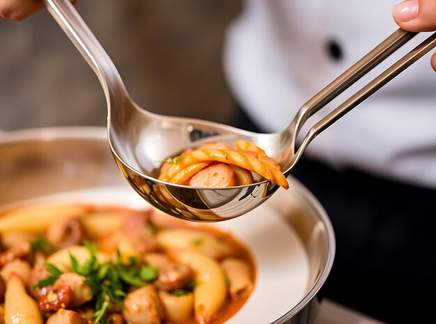 Foto cucchiaio e tonghi con un elegante barattolo di zuppa e verdure fresche