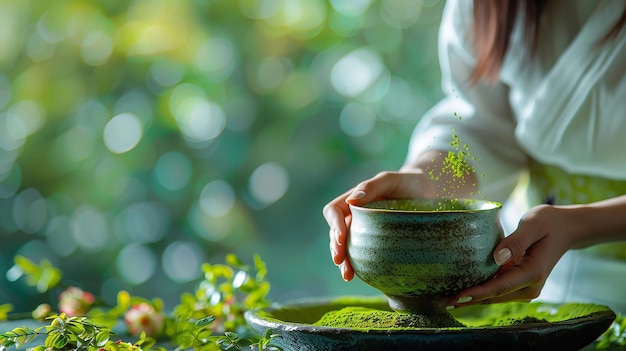 A lady pours green tea powder over a fuzzy setting to yield Japanese green matcha tea Generative AI