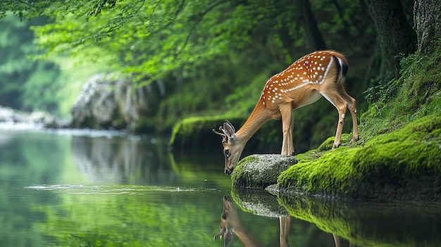 Photo a lake in the forest with moss on the shore and on the stone a deer drinks water from the river