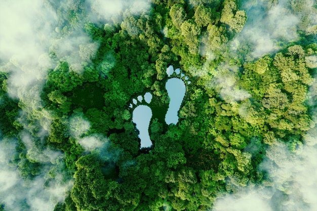 A lake in the shape of human footprints in the middle of a lush forest as a metaphor for the impact of human activity on the landscape and nature in general. 3d rendering.