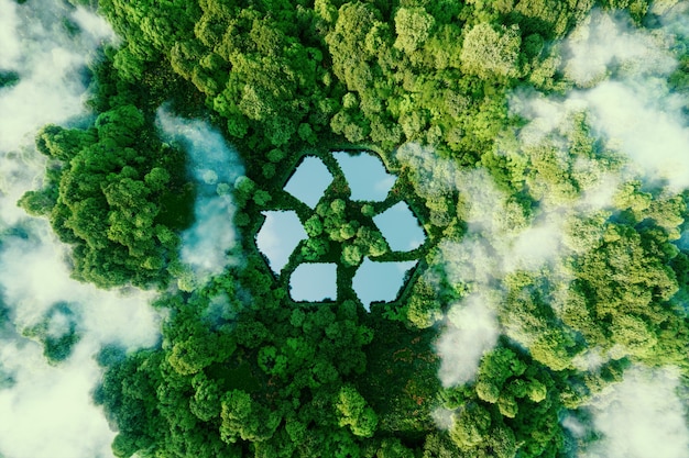 Photo a lake in the shape of a recycling sign in the middle of untouched nature. an ecological metaphor for ecological waste management and a sustainable and economical lifestyle. 3d rendering.