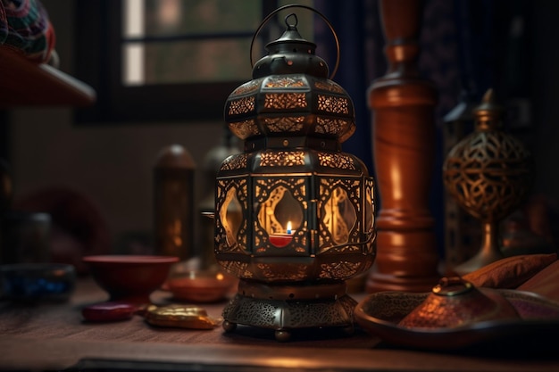 A lamp on a table with a candle in the middle