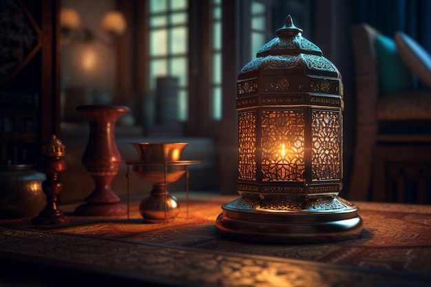 A lamp on a table with the date of ramadan