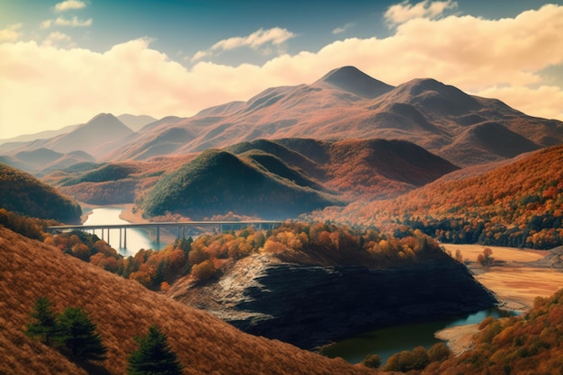 Landscape clouds over hills and bridge created using ai technology