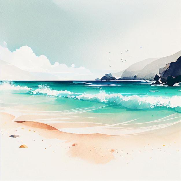 Landscape sea and beach drawing watercolor Generative AI