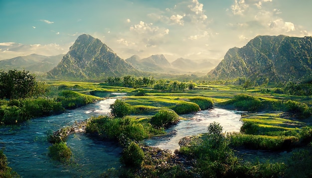 Landscape of a summer day with a pond green grass bushes and mountains on the horizon 3D illustration