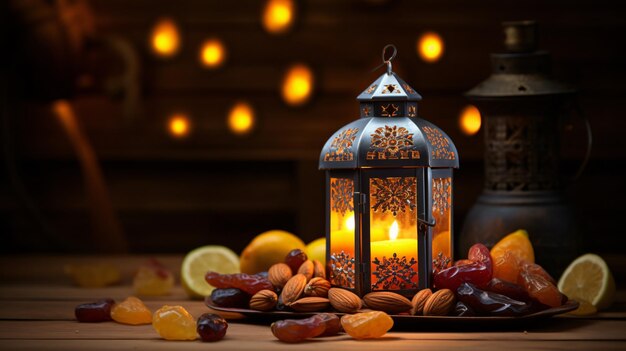 Lantern with Candied Fruits on Wooden Back