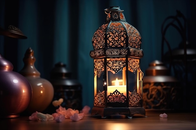 A lantern with a candle in the middle sits on a table with other vases.