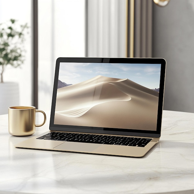 Photo laptop mockup on table for advertisment