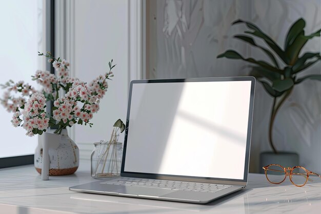 Photo laptop with a blank screen on a white table with a flowerpot