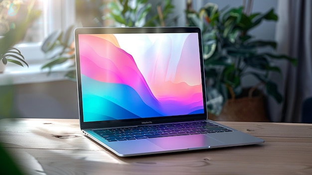 Photo a laptop with the rainbow colored screen on it