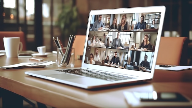 Laptops are on the desktop and conference calls