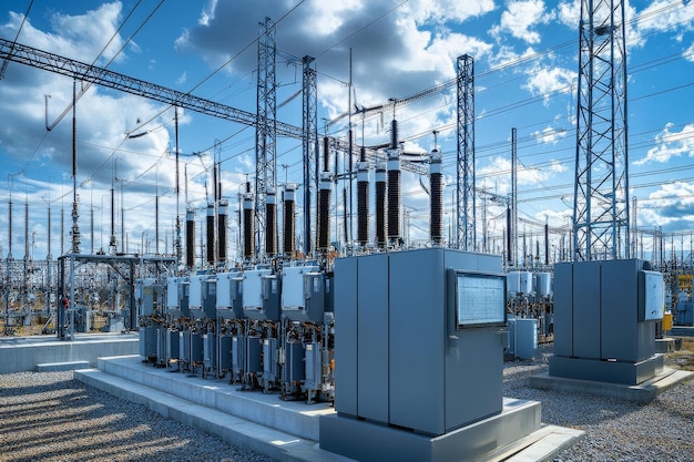 Photo a large highvoltage transformer substation with power lines transformers and other equipment