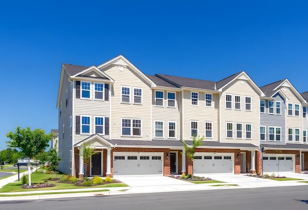 Photo a large home with a garage door and a garage with a blue sky in the background