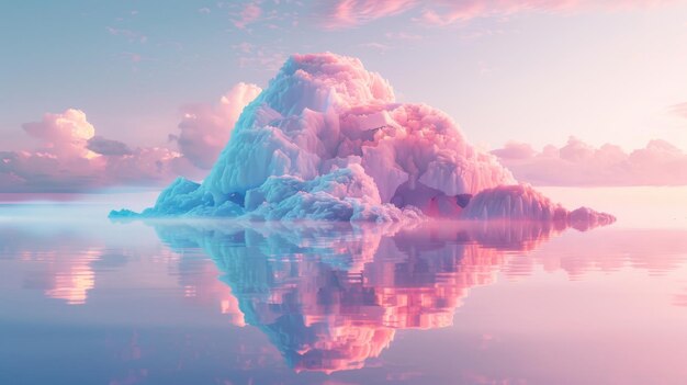 Photo a large iceberg floats in the water with pink and blue colors reflecting off of it generative ai